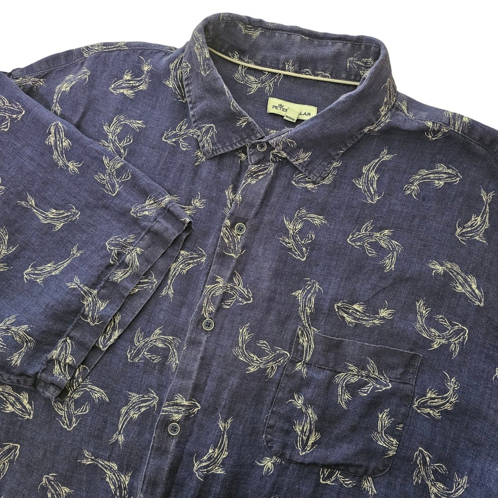 Peter Millar Mens XXL Linen Shirt Koi Fish Print Short Sleeve Casual Relaxed Fit